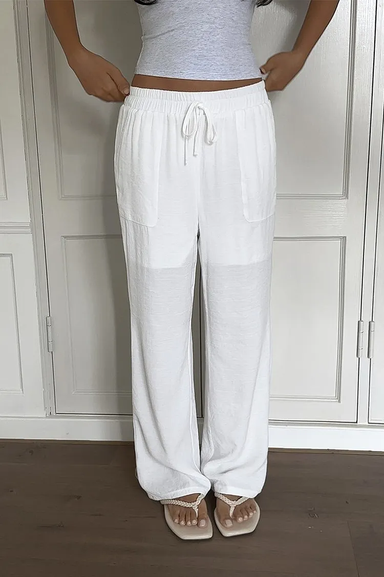 Breathable Linen Look Wide Leg Pants with Elastic Waist and Drawstring