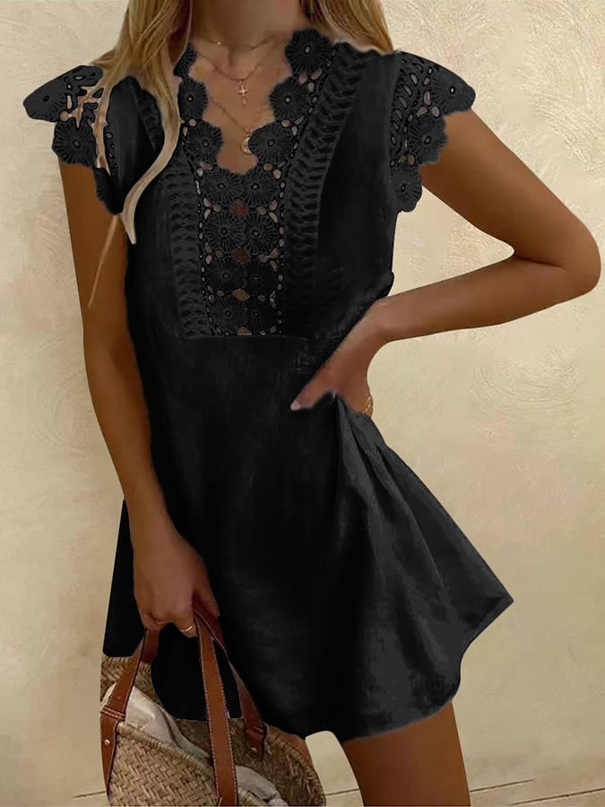 Solid Color Lace V-Neck Short Sleeve Casual Dress