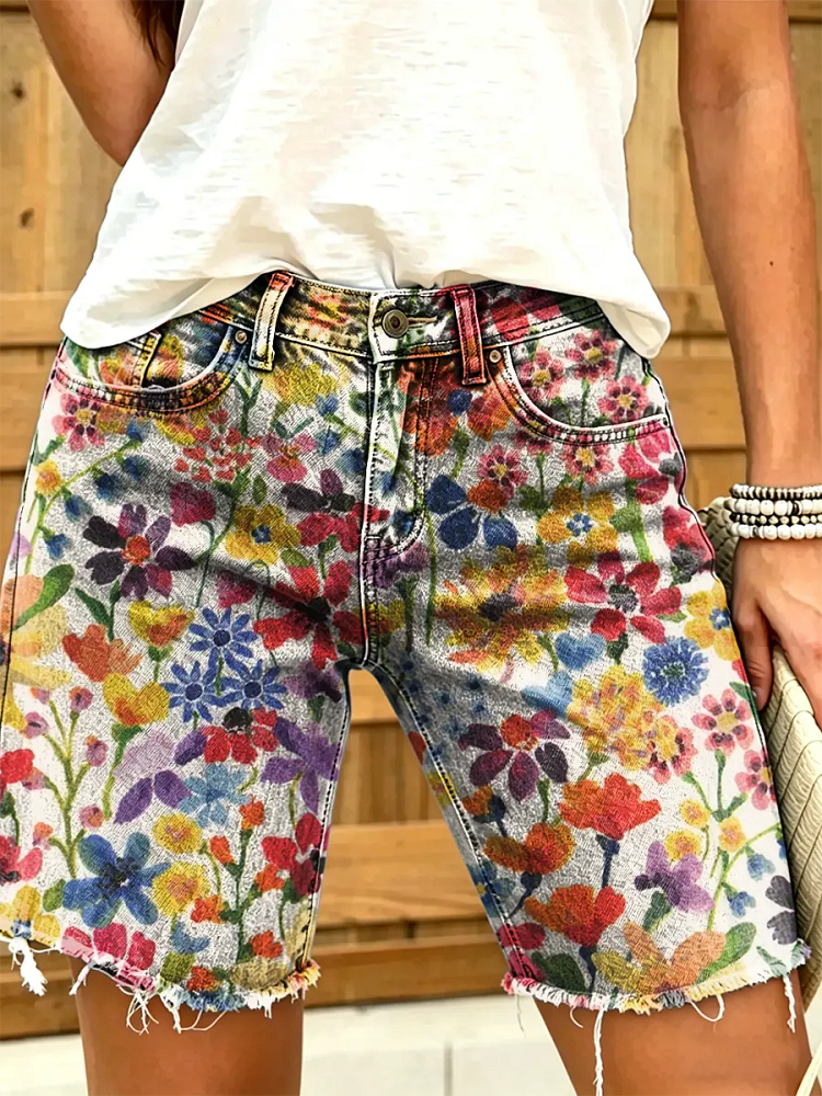 Ethnic Bohemian Colorful Flowers Women's Art Print Casual Denim Shorts