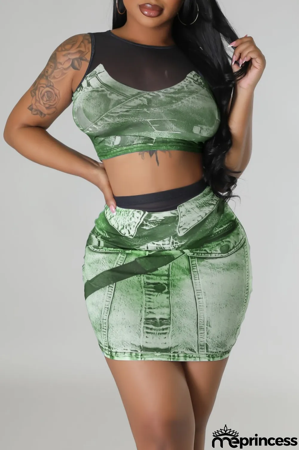 Blue Sexy Casual Print Patchwork O Neck Sleeveless Two Pieces