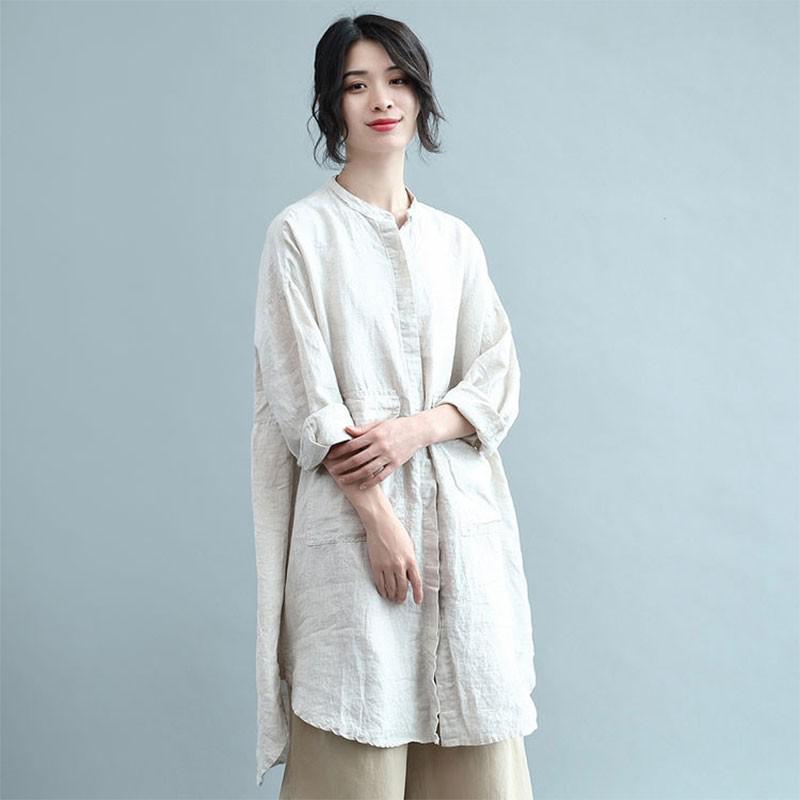 Stand Collar Loose Casual Long Shirt Double Pocket Cotton Linen Vintage Blouses