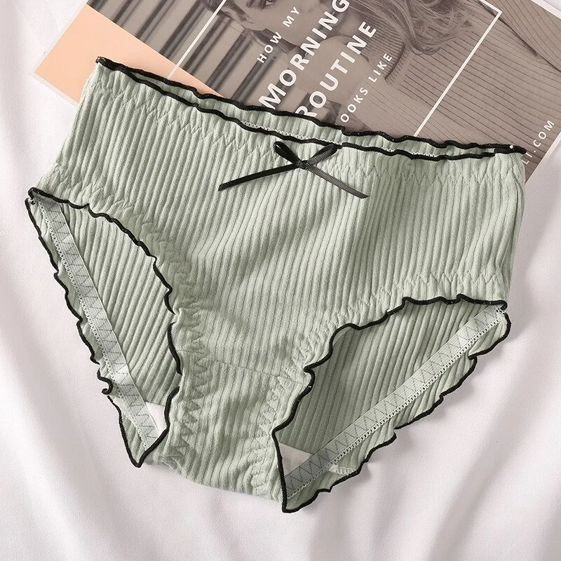Billionm Japan Style Briefs Sexy Comfort Cotton Mid Waist Women Panties Lovely Bow Stripe Lingerie Solid Health Sleep Underwear