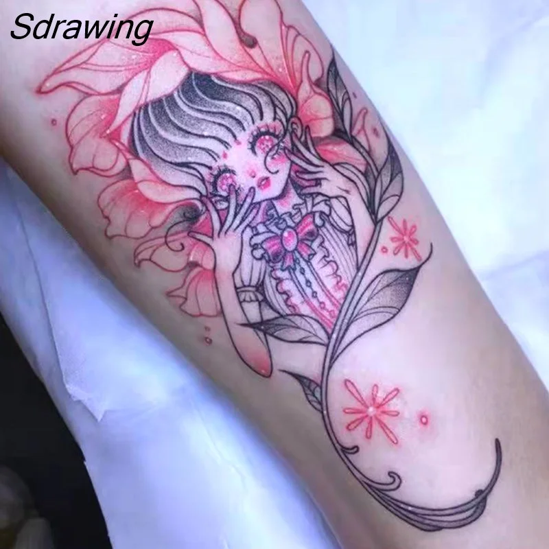 Sdrawing Temporary Tattoo Sticker Anime Cartoon Cute Pink Hair Girl Flower Necklace Fake Tatto Flash Tatoo Art for Women Men