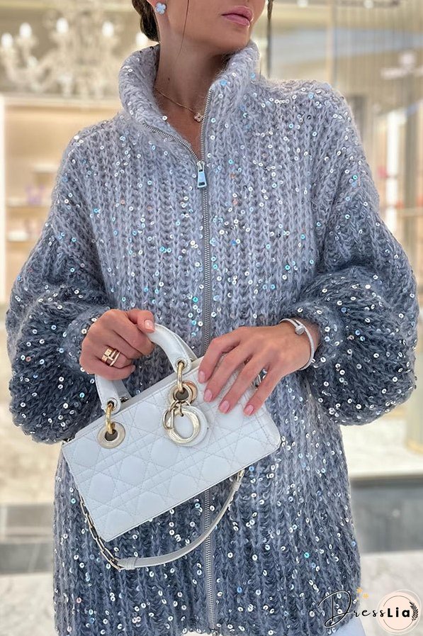 Warm Shining Heart Knit Sequin Balloon Sleeve Zipper Neck Loose Cardigan