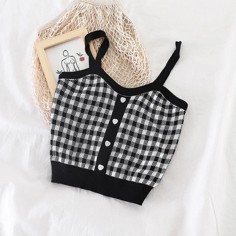 Tanks Tops Women Sweet Colorful Plaid Ins Girls Button Girls Camisoles All-match Leisure Chic Streetwear Sexy Camis Retro Trendy