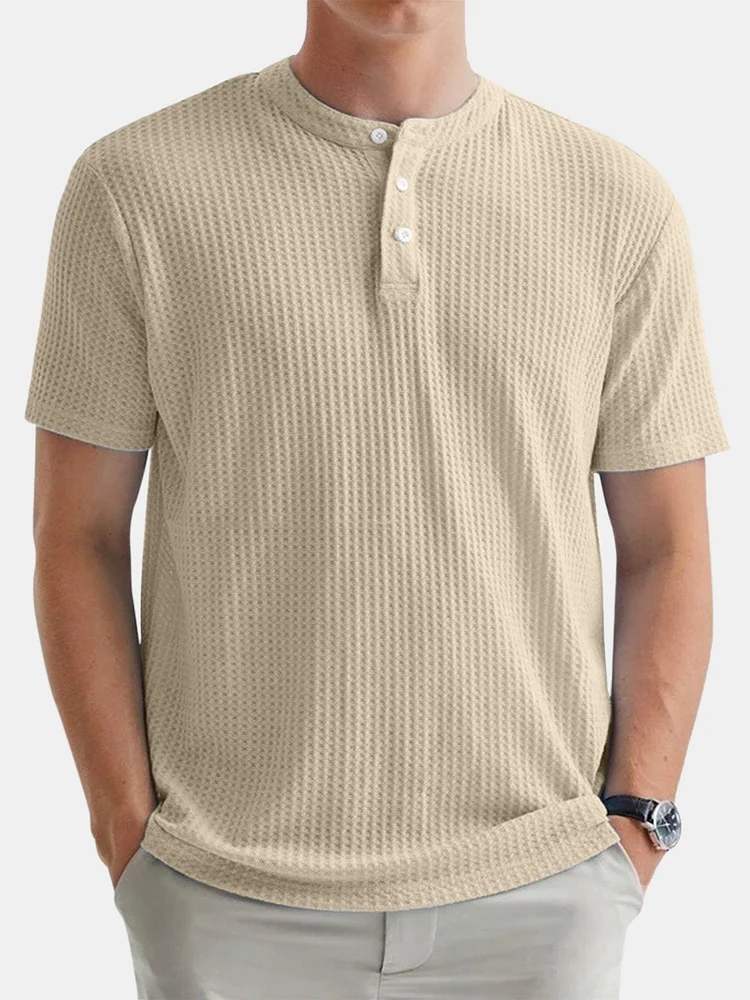Men's Casual Solid Color Waffle Round Neck Button Down Short Sleeve Henley Shirt