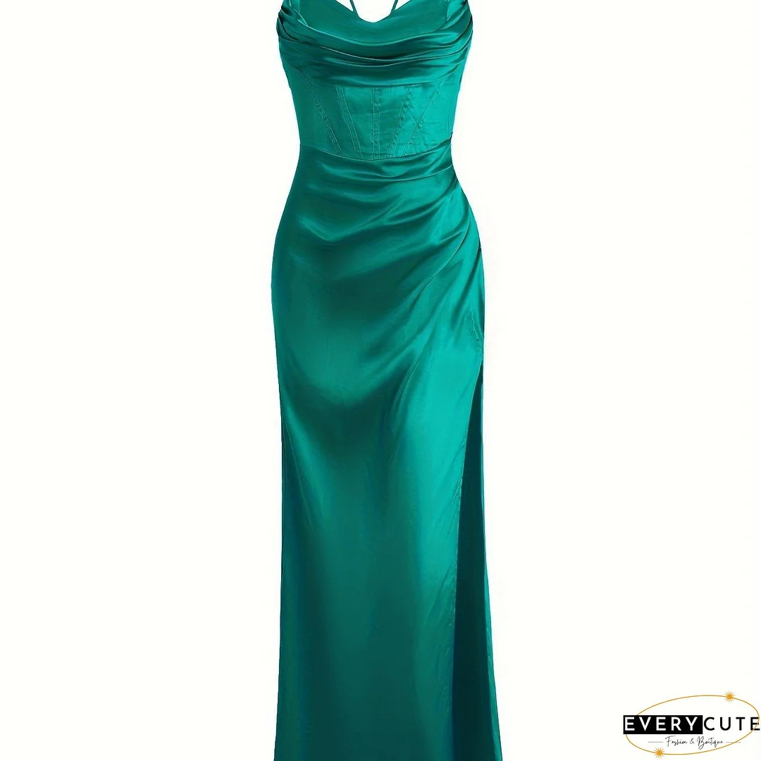 Split Thigh Backless Dress, Sexy Solid Party Maxi Dress, Women's Clothing