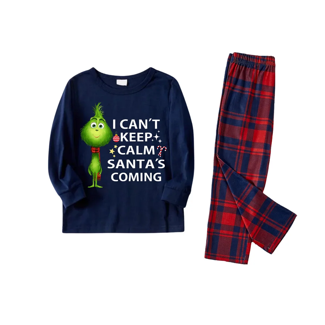"I Can't Keep Calm, Santa's Coming" Slogan Printed Red and Blue Plaid Christmas Matching Pajamas