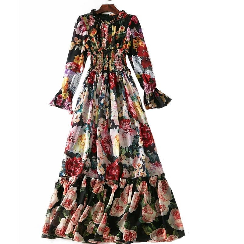 Fashion Runway Autumn Long Sleeve Maxi Dress Women's elastic Waist Floral Print Elegant Party Holiday Long Dress