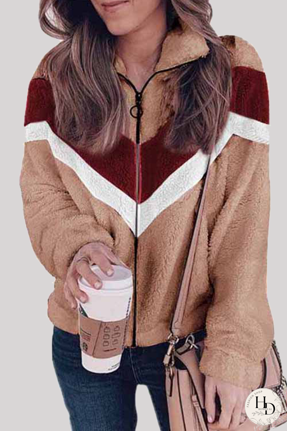 Casual Striped Split Joint  Contrast Zipper Collar Outerwear
