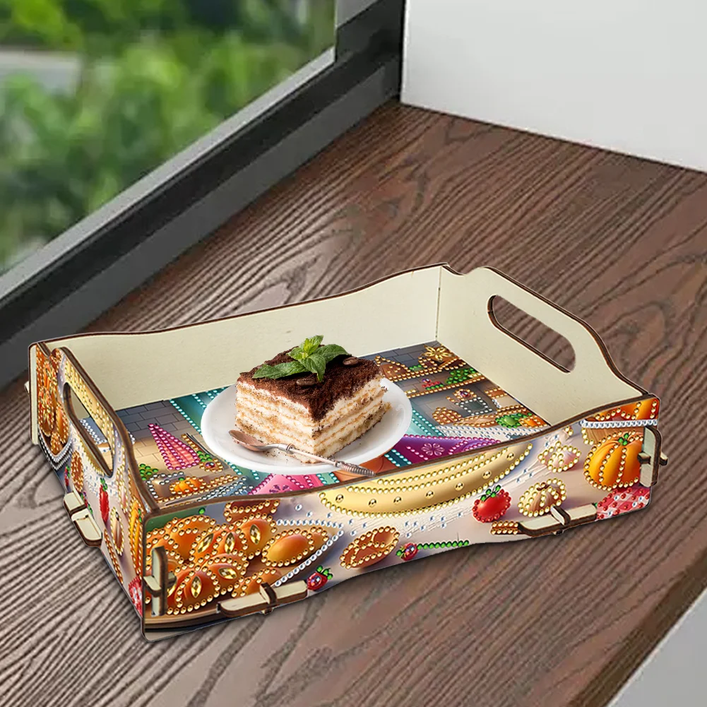 5D DIY Old Lady Diamond Painting Serving Tray with Handle for Coffee Table Decor