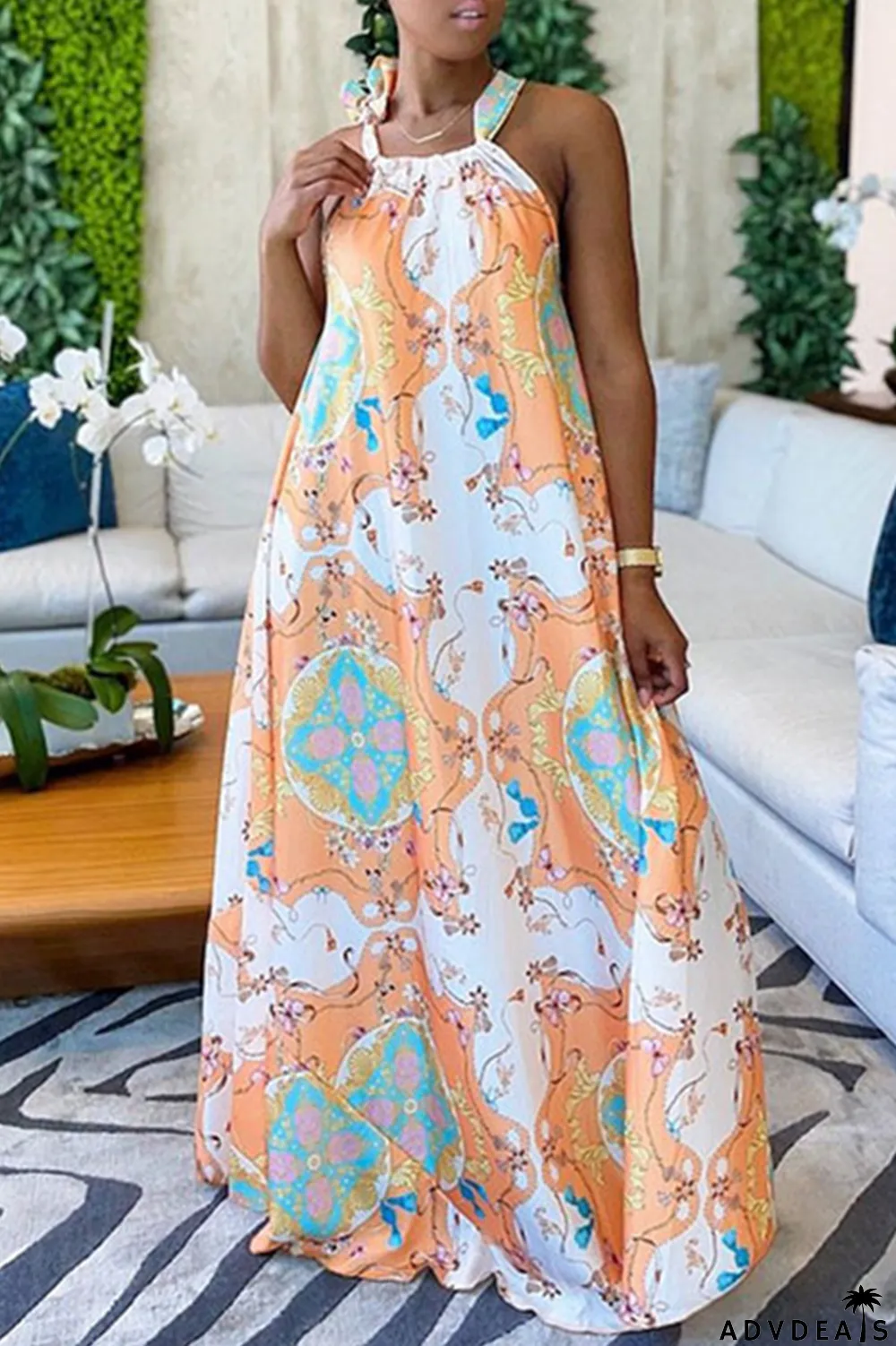 Tangerine Red Casual Print Patchwork Halter Straight Dresses