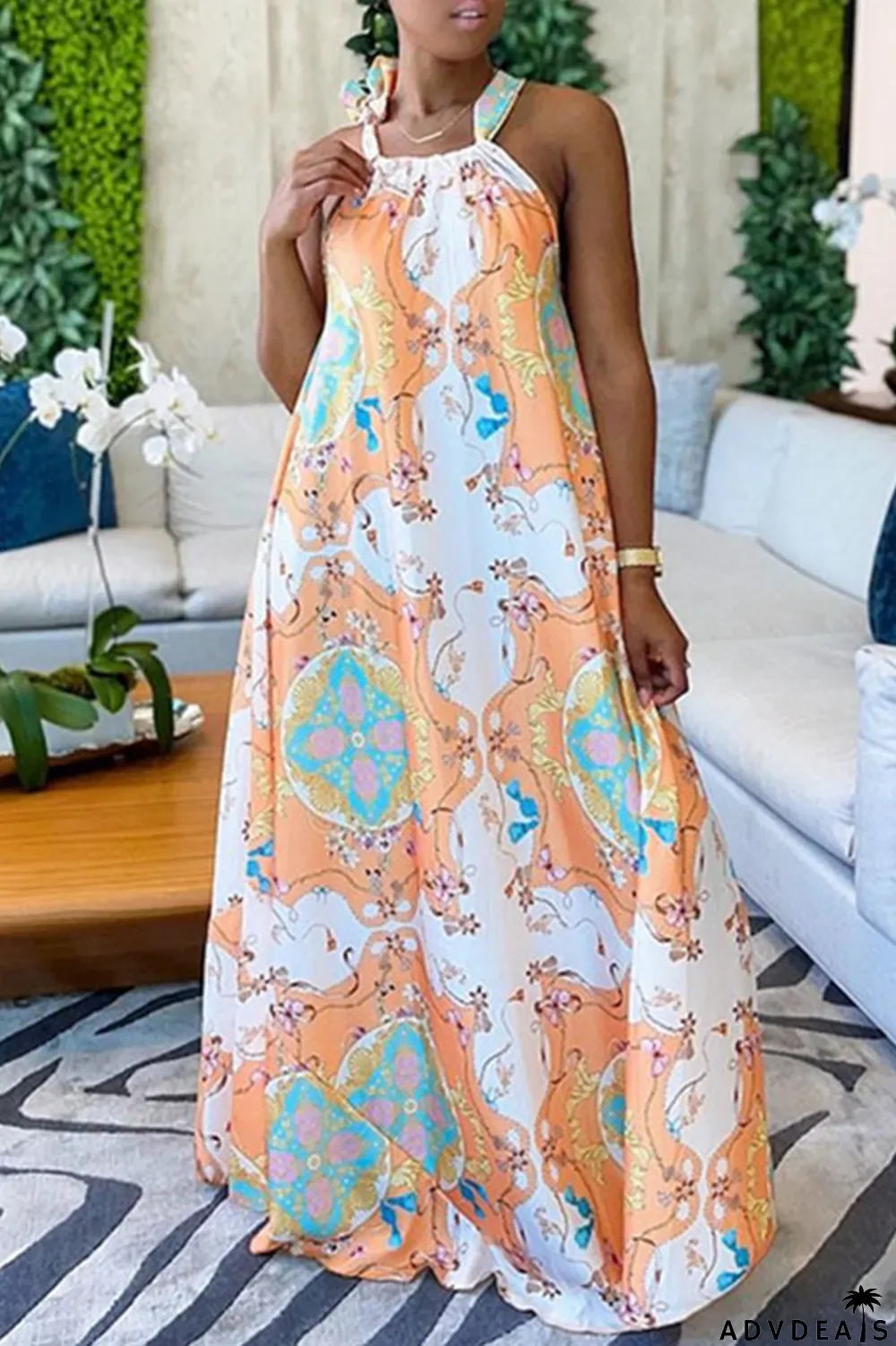 Tangerine Red Casual Print Patchwork Halter Straight Dresses