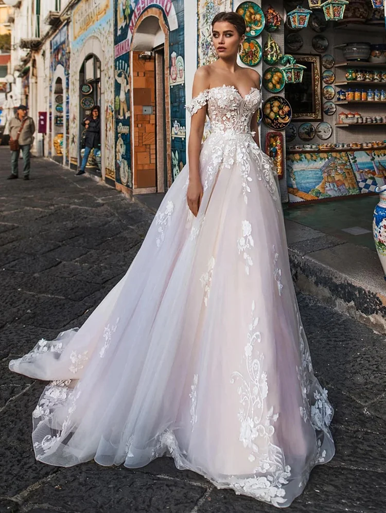 Illusion Wedding Dresses Tulle with Lace Appliques Sexy Off the Shoulder A-line Bridal Gowns