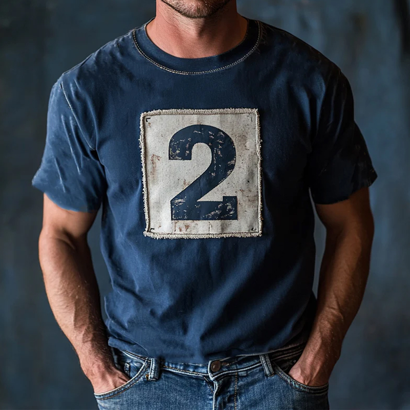 Men's Dark Blue Printed Casual Short-Sleeved T-Shirt