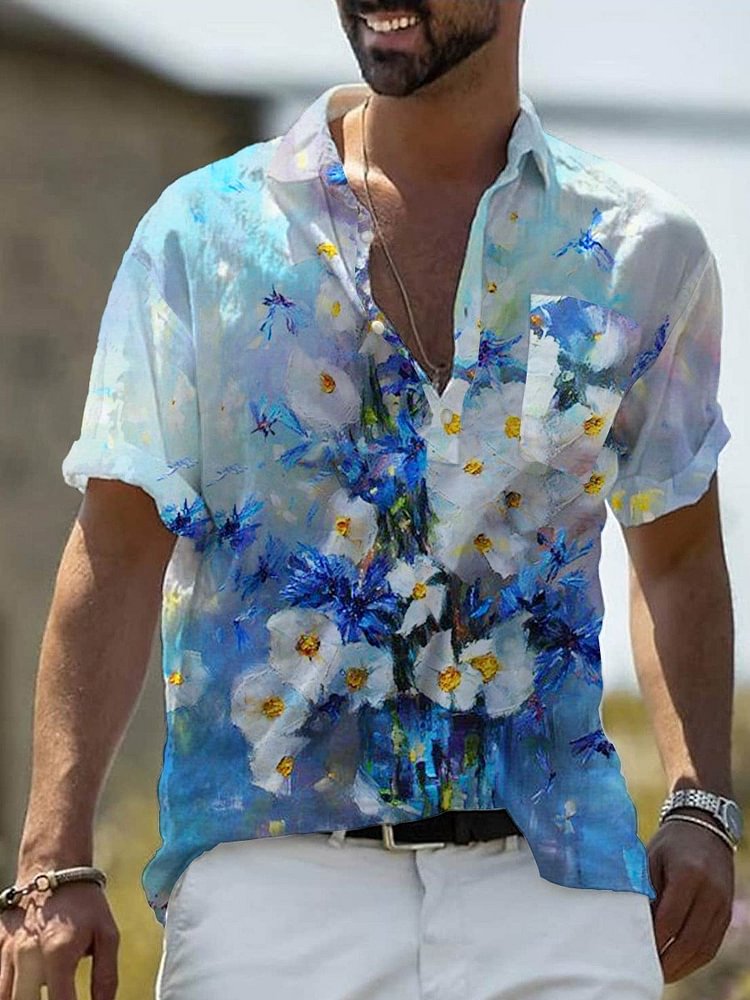 Men's Art Oil Painting Flowers Fashion Casual Shirt socialshop