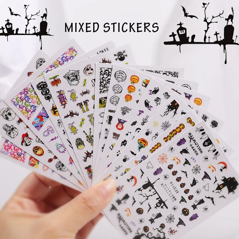 12pcs/pack Halloween Nail Art Sticker Mixed Pumpkin Ghost Devil Skull Self Designs 3D Nail Sticker Decals Wrap Decorations Foils