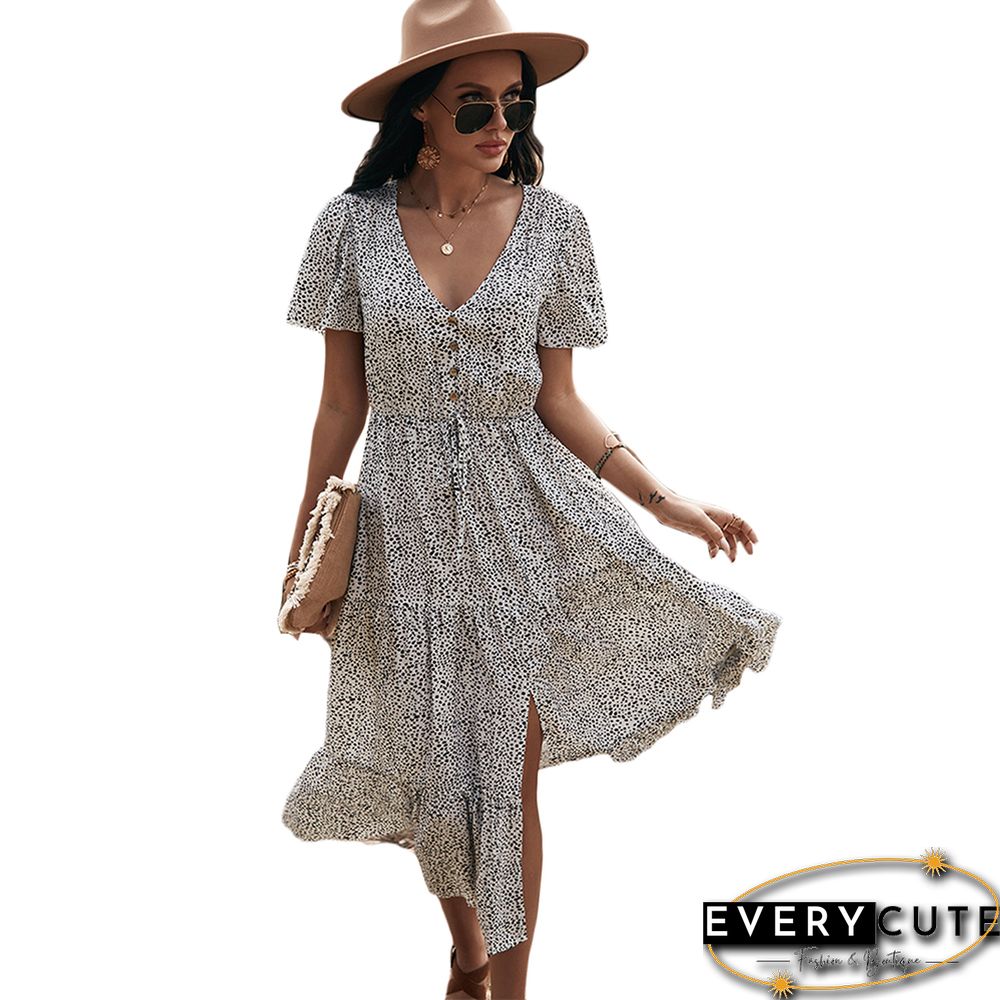 White Leopard Print Button Detail Maxi Dress