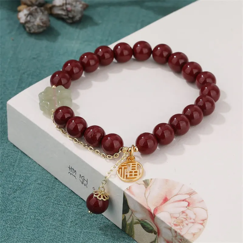 Cinnabar Fu Character Hetian Jade Lucky Four Leaf Clover Blessing Bracelet