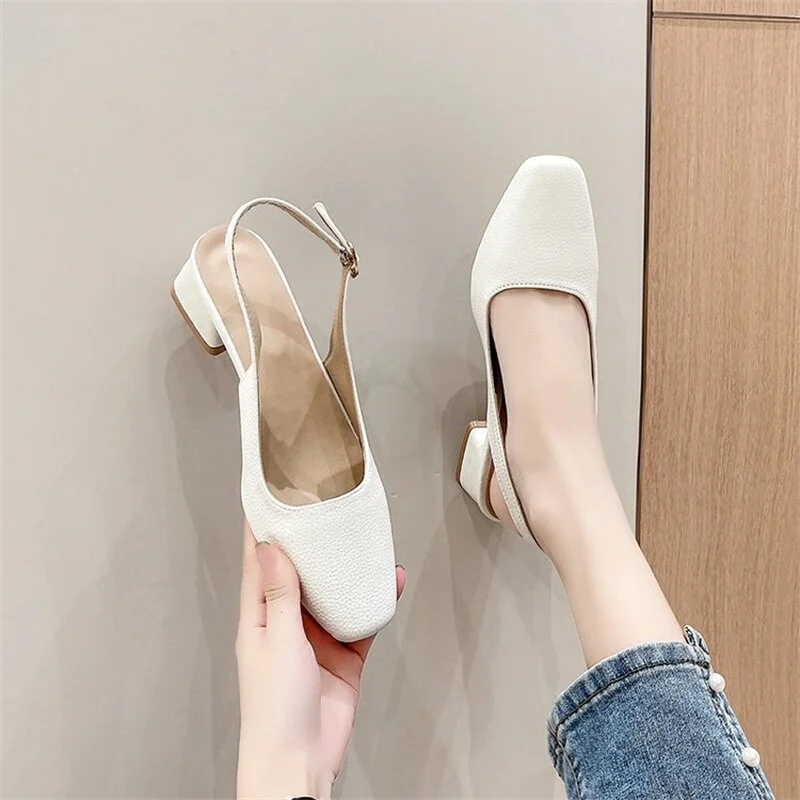 vstacam Baotou Middle Heel Sandals Women's Thick Heel Square Toe 2023 Summer New Fashion Back Empty Shoes Orange Shoes