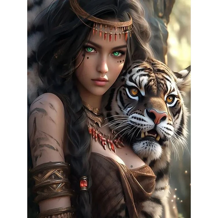 Woman And Tiger 30*40CM(Canvas) Full Round Drill Diamond Painting gbfke