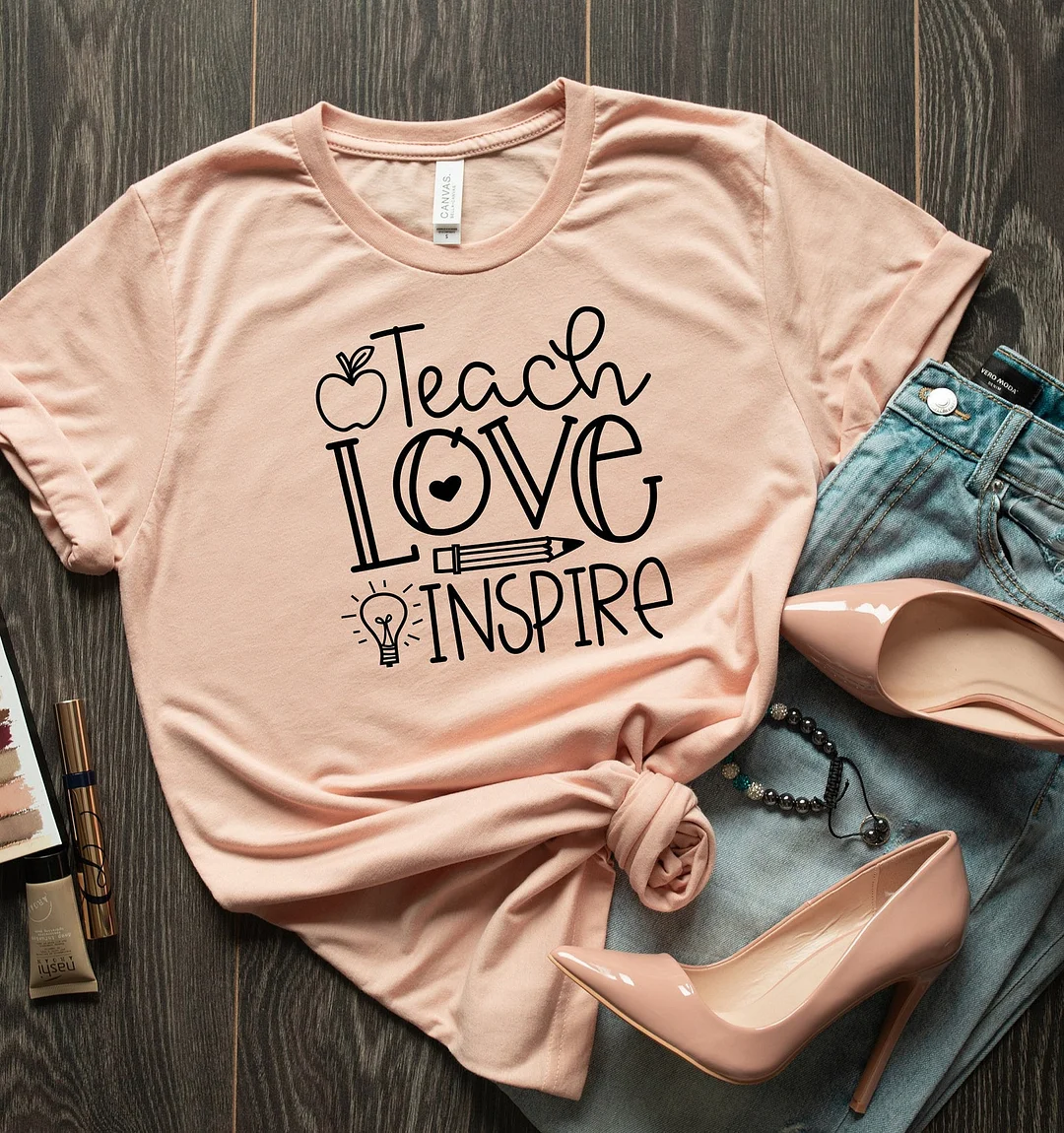 Teach Love Inspire Shirt Teacher Gift Elementary School Preschool Kindergarten Top Tees
