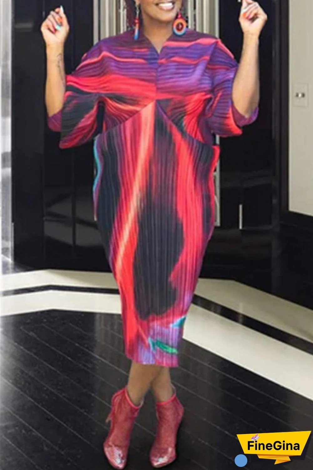 Pink Purple Casual Print Patchwork V Neck Pencil Skirt Plus Size Dresses