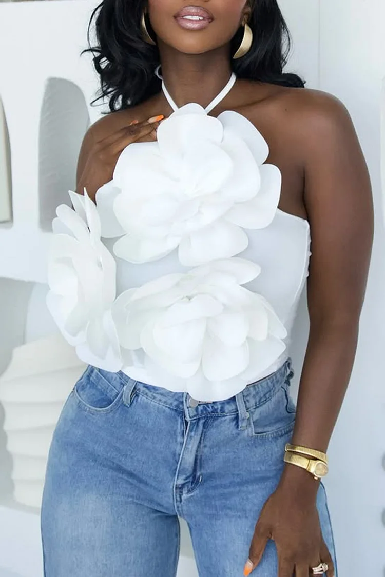 Plus Size Party White Halter Collar 3D Tank Tops [Pre-Order]