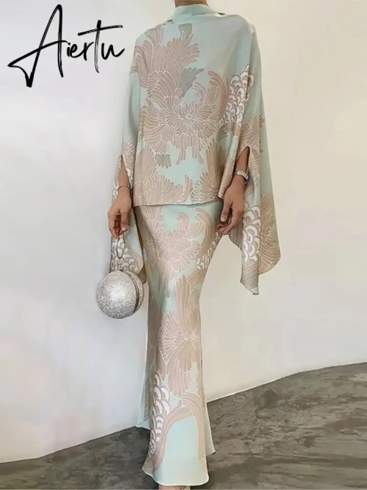 V-Neck Batwing Sleeve Top Midi Skirt Suit Fashion Elegant Floral Printed Women Outfits Office Lady Chic Two Pieces Set Aiertu
