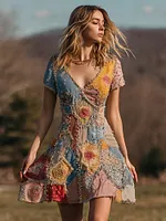 Women's Vintage Rose Patch Design V-neck Short-sleeved Dress