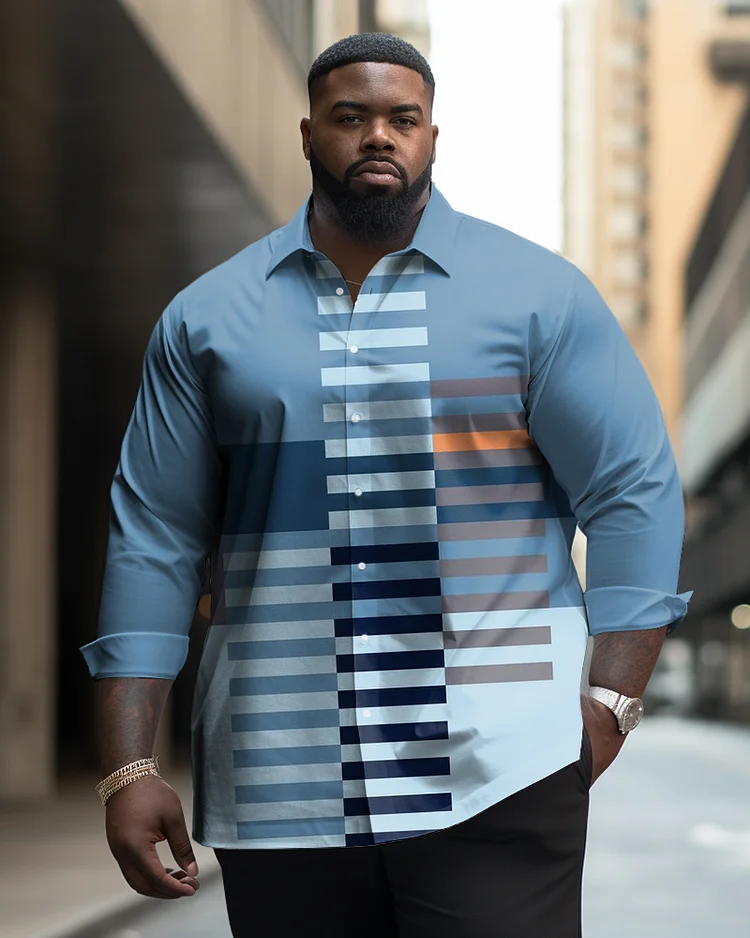 Men's Large Size Business Casual Classic Striped Plaid Lapel Long Sleeve Shirt