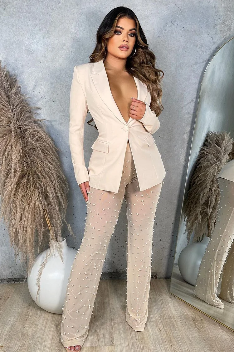 Deep V Neck Blazer Beady See Through Mesh Pants Matching Set-Black