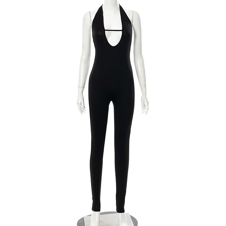 Hugcitar Women Solid Halter Backless Sleeveless Revealing Jumpsuit 2021 Fall Bodycon Skinny Fashion Y2K Overalls Outfits