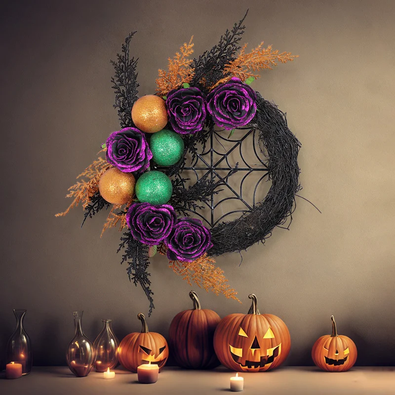 Halloween wreath simulates black rose rattan wreath spooky Ghost Festival atmosphere decoration home decoration door