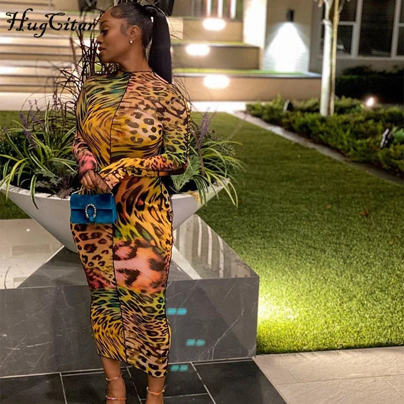 Hucgitar 2020 Leopard Print Long Sleeve Bodycon Sexy Maxi Dress Autumn Winter Women Party Elegant Outfits