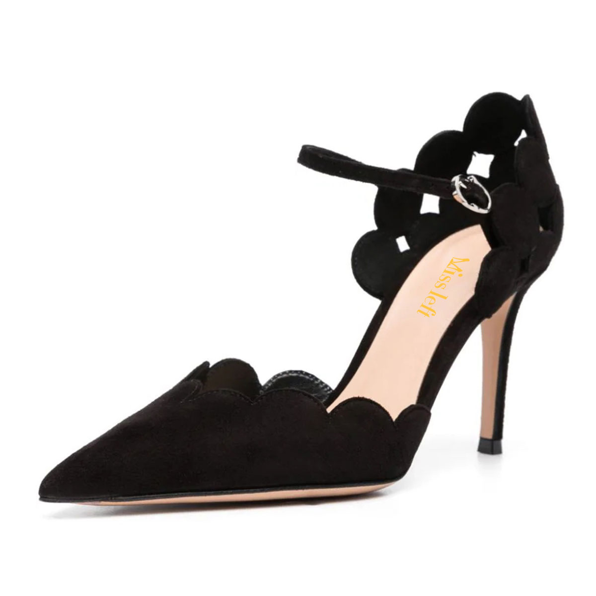 Black Wavy Edge Cut-Out Pointed Toe Stiletto Heel Pumps Shoes Nicepairs