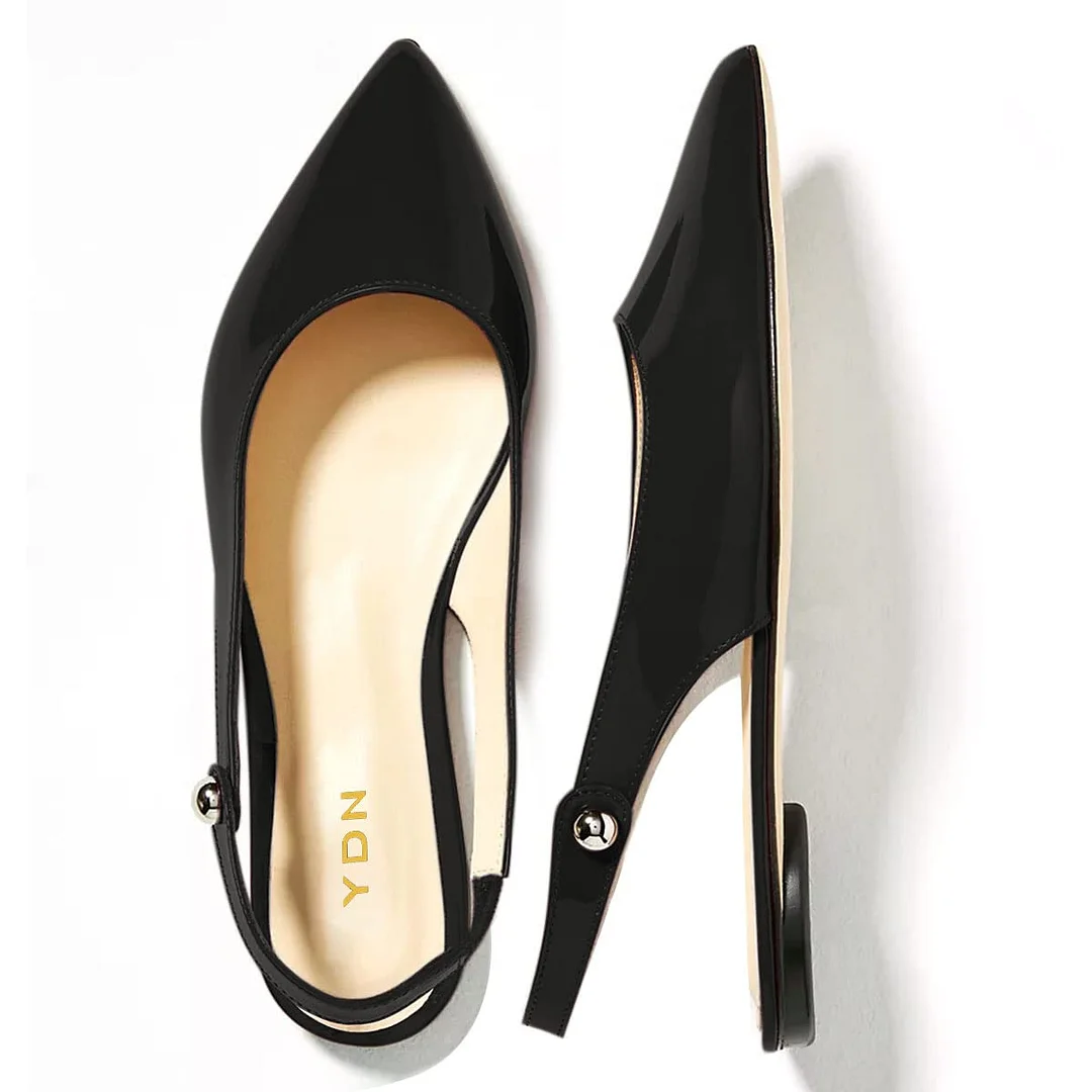 Patent Leather Pointed Toe Slingback Strappy Flat Pumps in Black