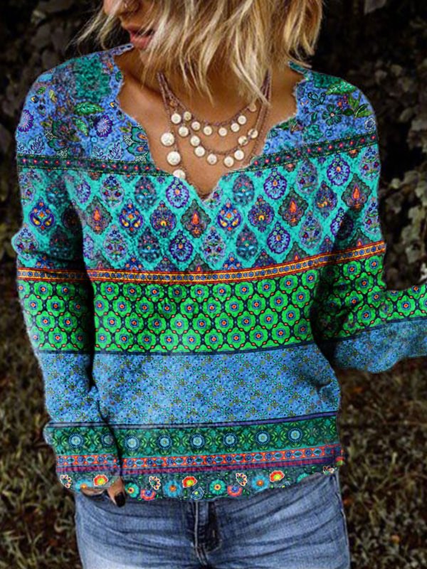 Casual vintage floral print warm knit top
