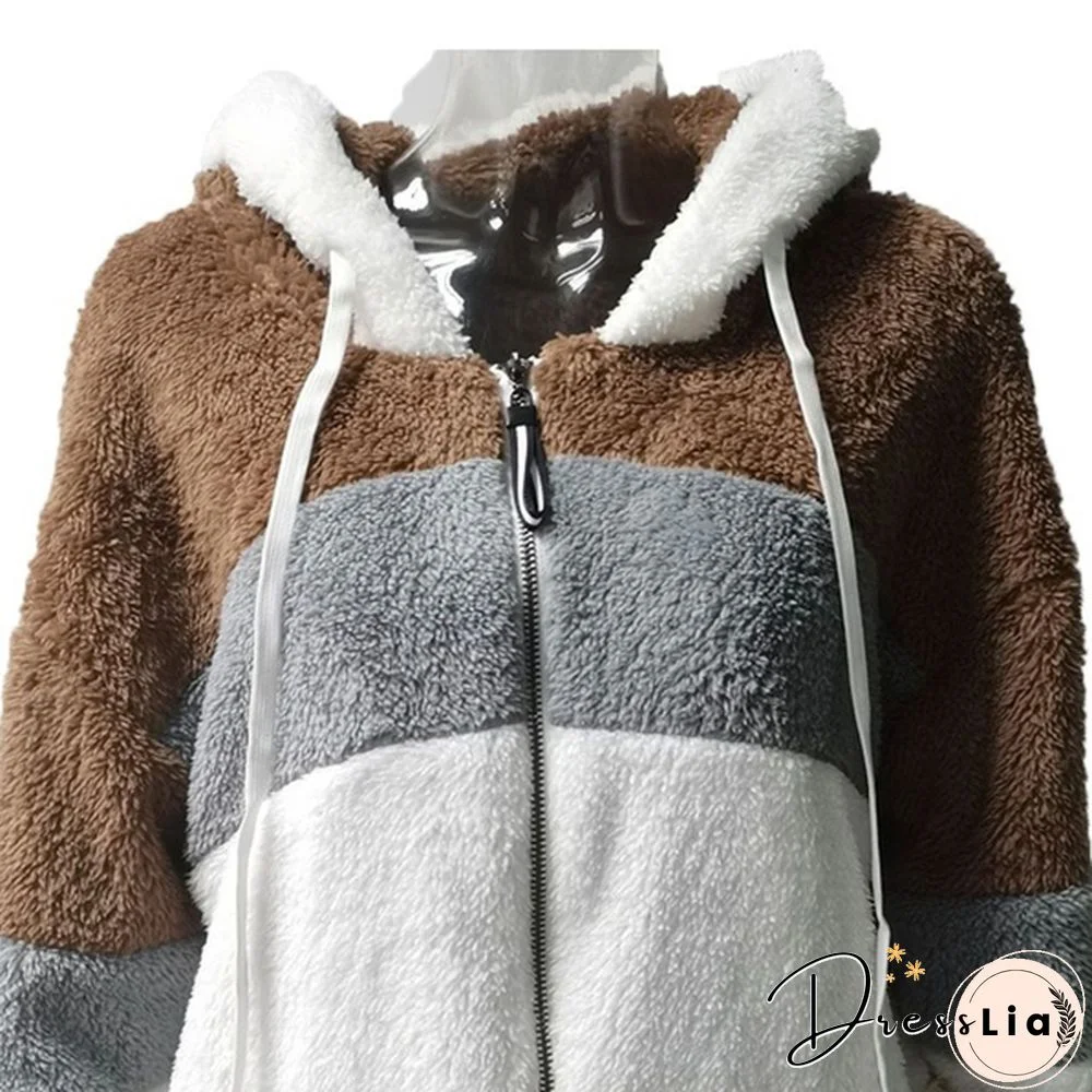 New Trend Women's Fashion Jacket Hooded Winter Warm Plush Loose Jacket for Women Patchwork Winter Outerwear Faux Fur Zipper Ladies Parka Coat Plus Size 6 Colors