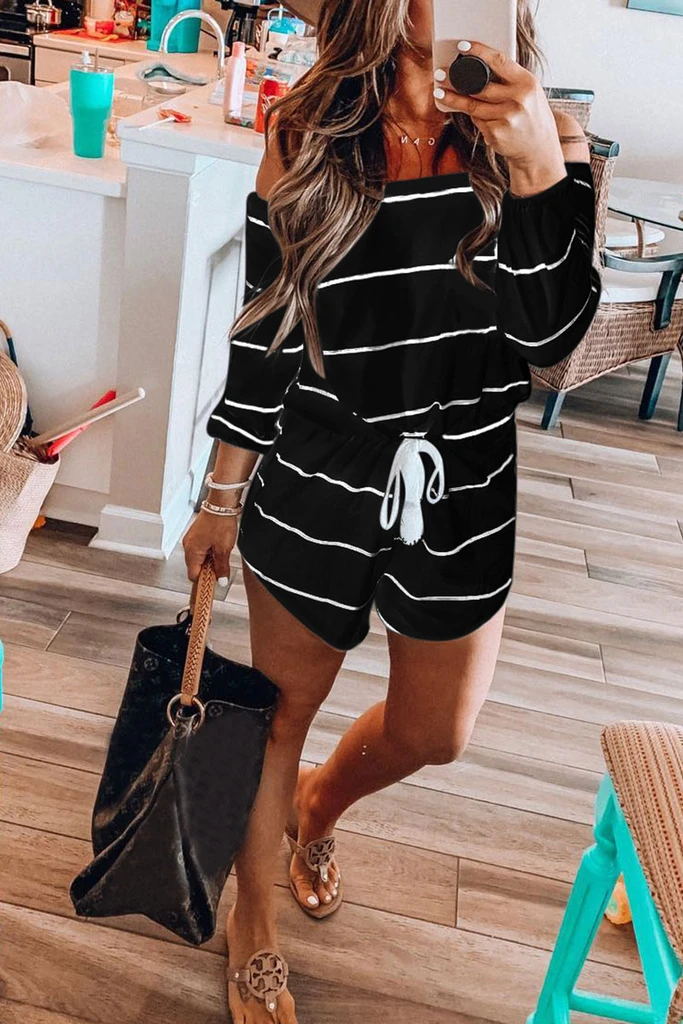 Off The Shoulder Striped Loose One-piece Rompers (3 Colors) P13681