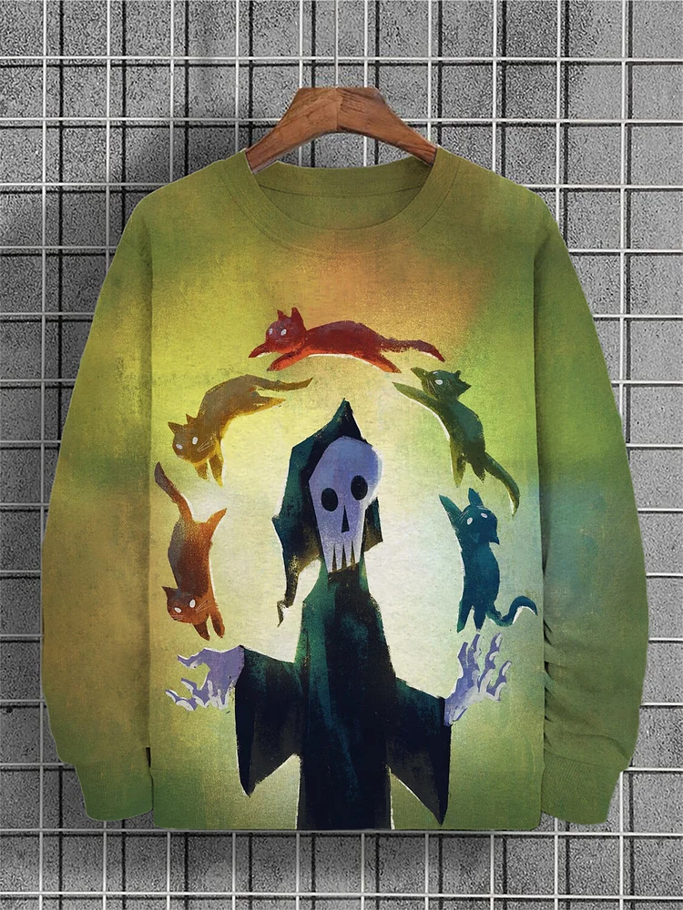 Men's Rainbow Cat And Skull Art Print Casual Sweatshirt