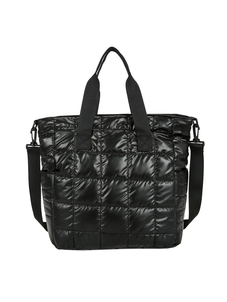 Women Cotton Padded Quilted Tote Bag Zipper Large Shoulder Bag (Black)