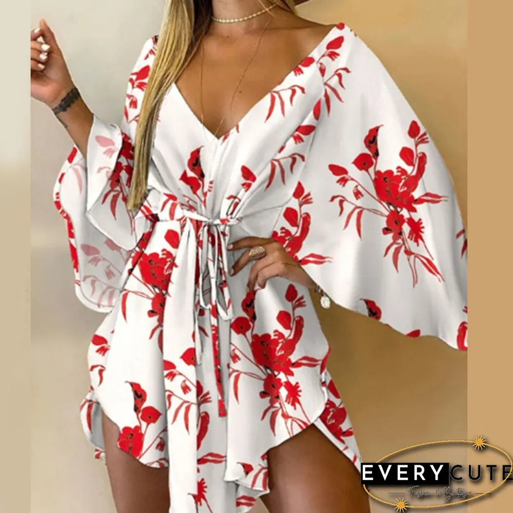 Casual Leaf Leopard Print Harajuku Batwing Sleeve Dress Lady Elegant Lace-Up Irregular