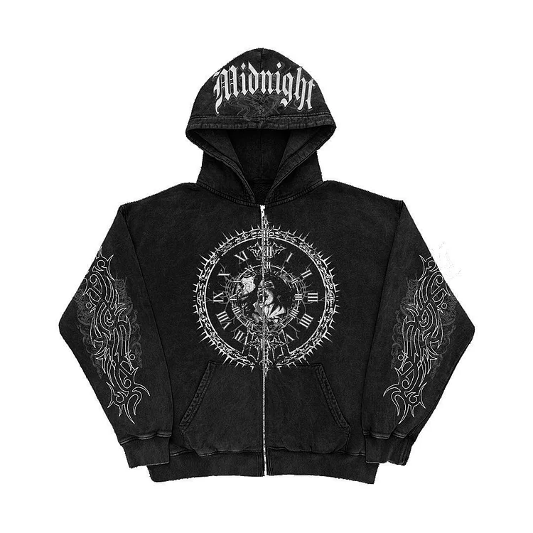 Gothic Print Hoodies High Street Hip Hop Jacket Y2K Retro Loose Sweatshirt Coat at Hiphopee