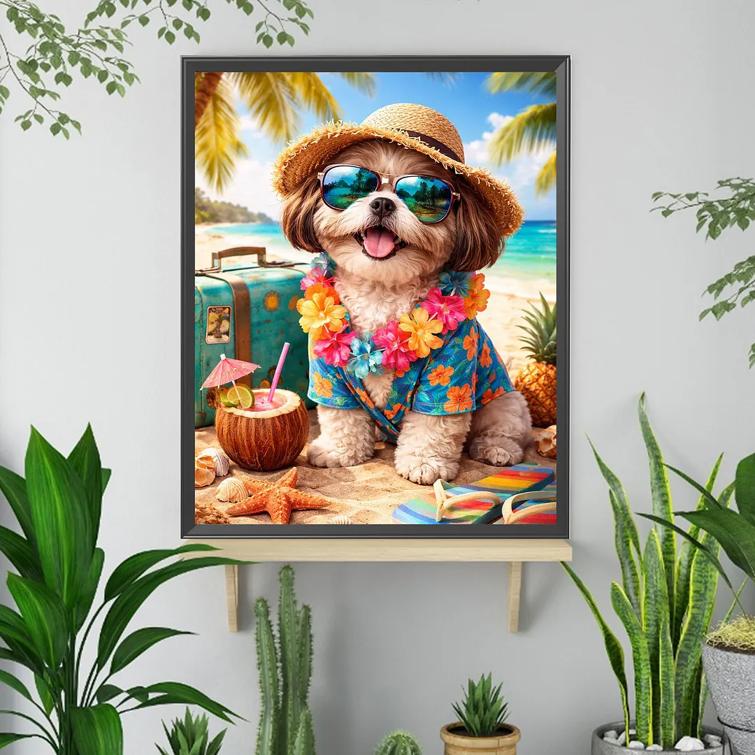 Beach Vacation Puppy 5D DIY Full Square Drill Diamond Painting Kits for Adults Beginners Home Decor Diamonds Dots Gem Art Kits Diamonds Paintings Gem Art 17.72x21.65inch