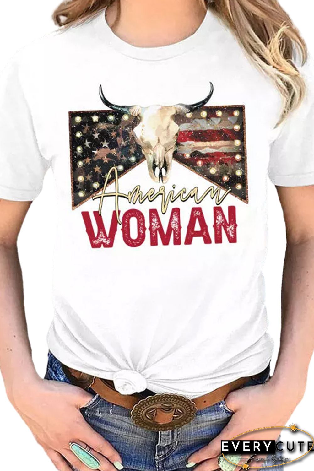 White American Woman Cow Skull Print Graphic T Shirt
