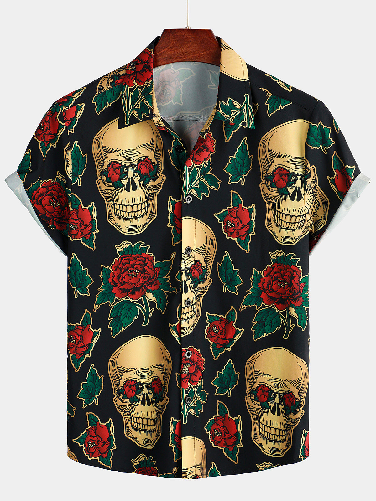 Men's Funny Skull&Rose Print Short Sleeve Shirt