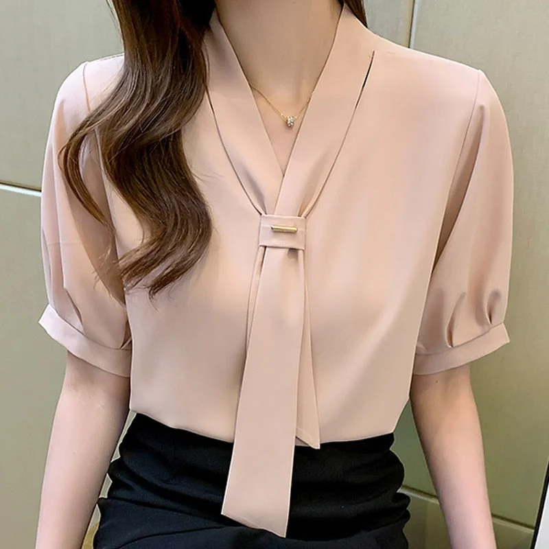 Summer Short Sleeve White Blouse V-Neck Chiffon Blouse Shirt Tops Blouse Women Blusas Mujer De Moda 2021 Blouses Top Femme E687