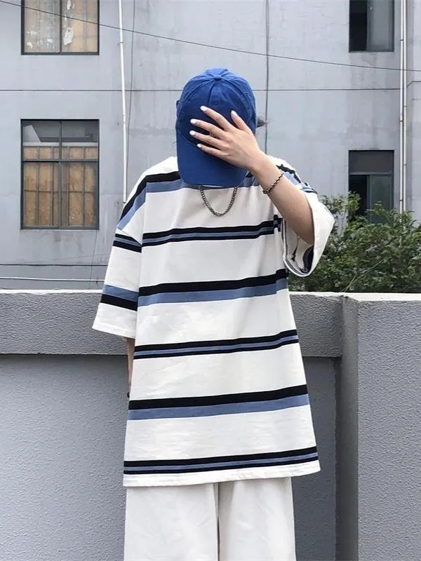 Brownm Contrast Color Hip Hop Oversized Stripe Short Sleeve Top