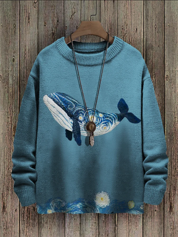 Starry Night Inspired Whale Embroidery Art Cozy Sweater
